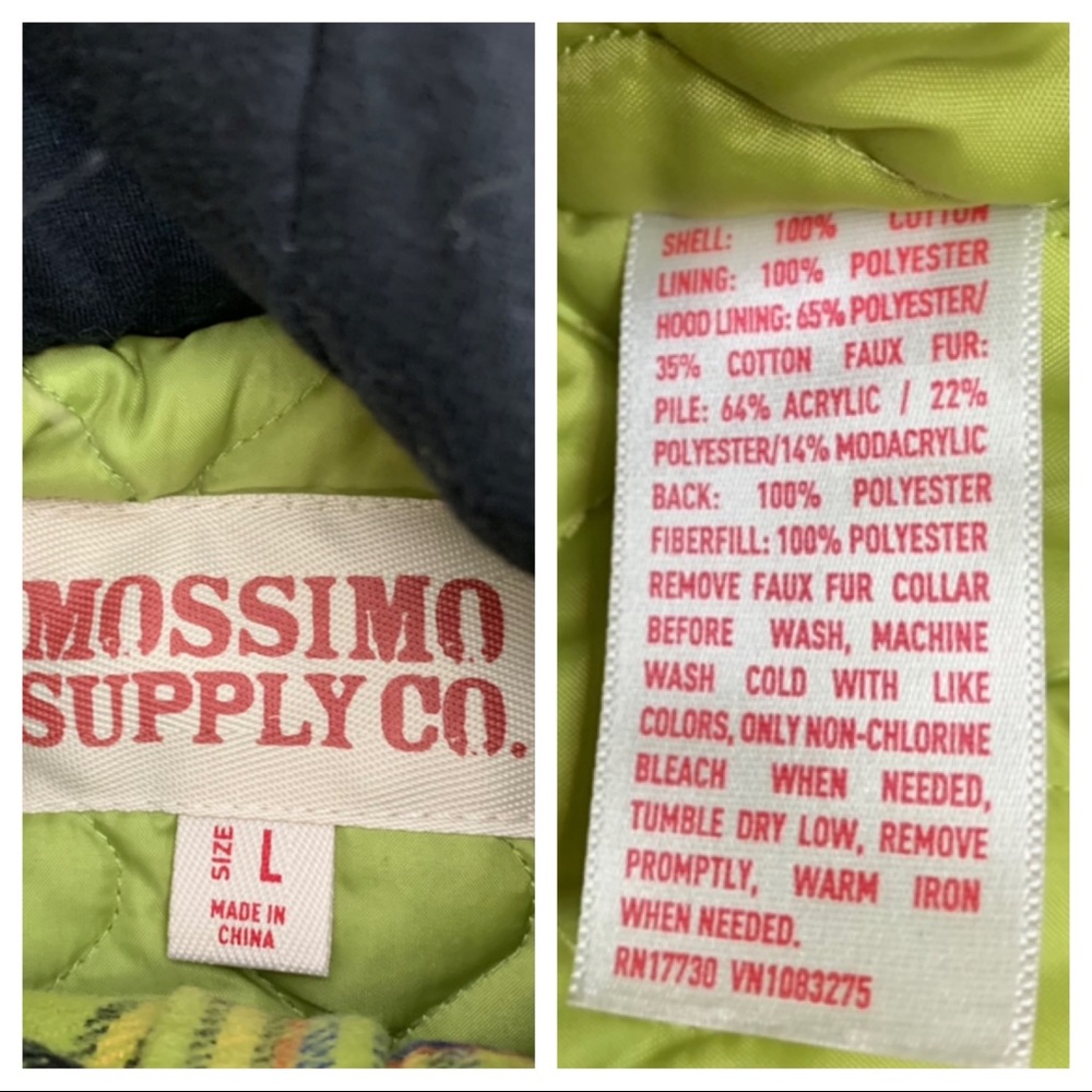 Mossimo Supply Co Retro Lime Green Blue Multi Plaid Full Zip Vest Faux Fur Hood - Picture 11 of 15